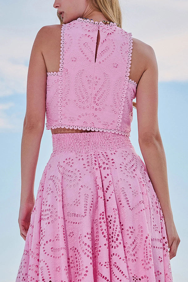 Zofia | Boho zestaw z haftem angielskim z krótkim topem i kieszeniami