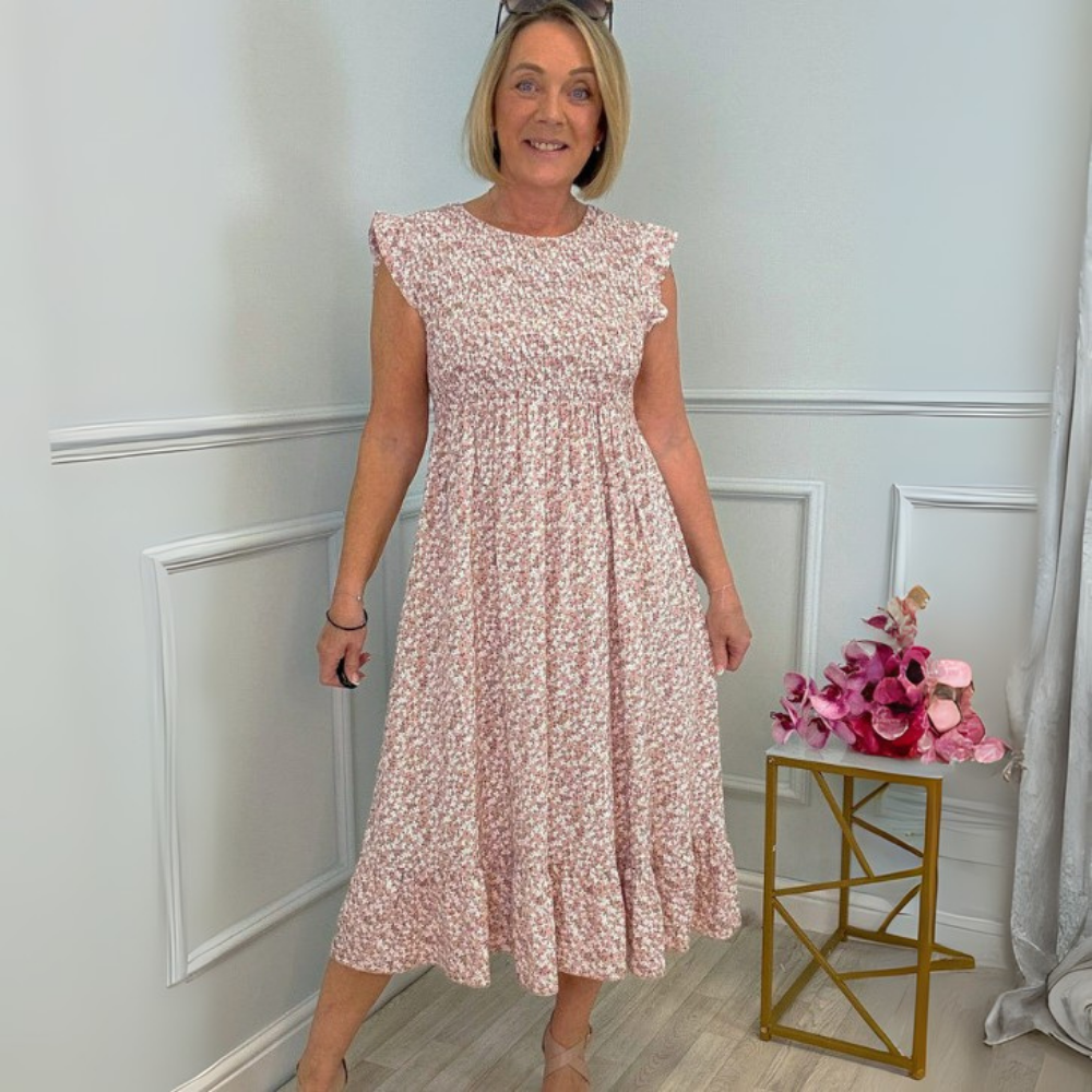 Nadia | Sukienka midi z kwiatowym nadrukiem, odcięciem empire i marszczonym dołem