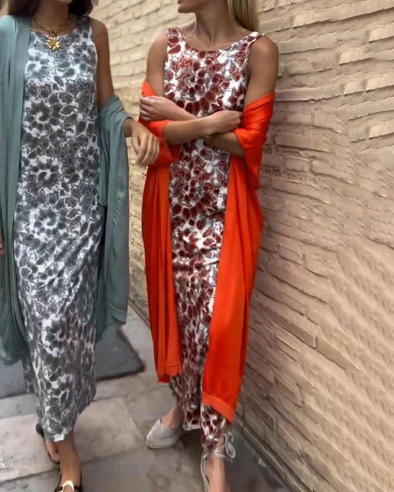 Bożena | Elegancka Długa Sukienka z Dopasowanym Kardiganem