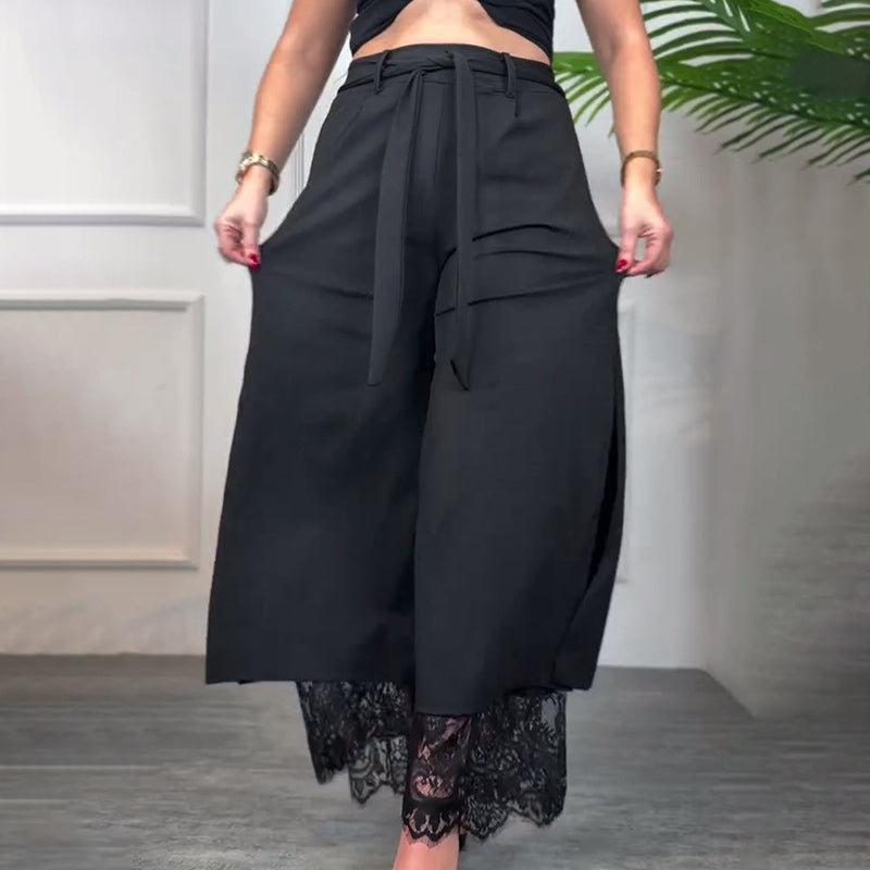 Wiesława | Spodnie z szerokimi nogawkami i prześwitującą koronkową wstawką