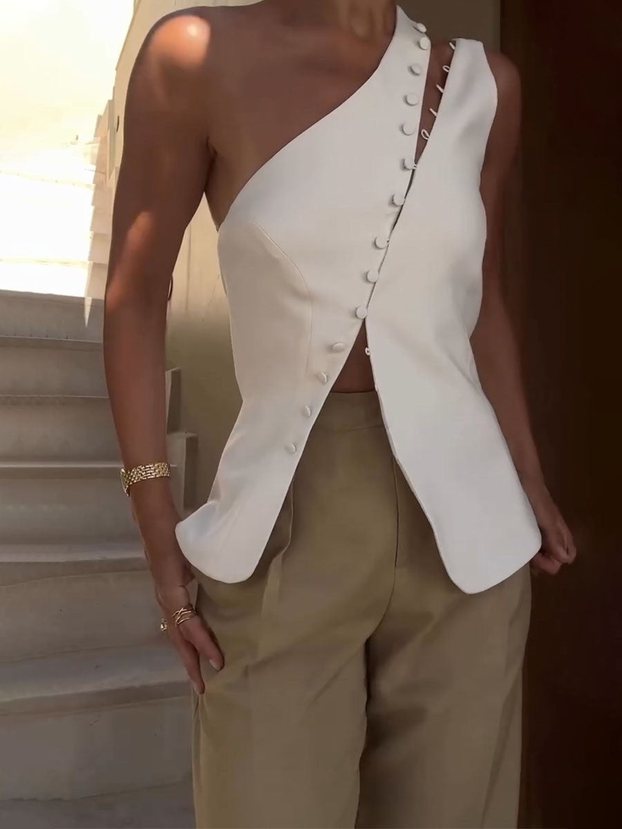 Zuzanna | Asymetryczny top na jedno ramię z ukośnym zapięciem na guziki