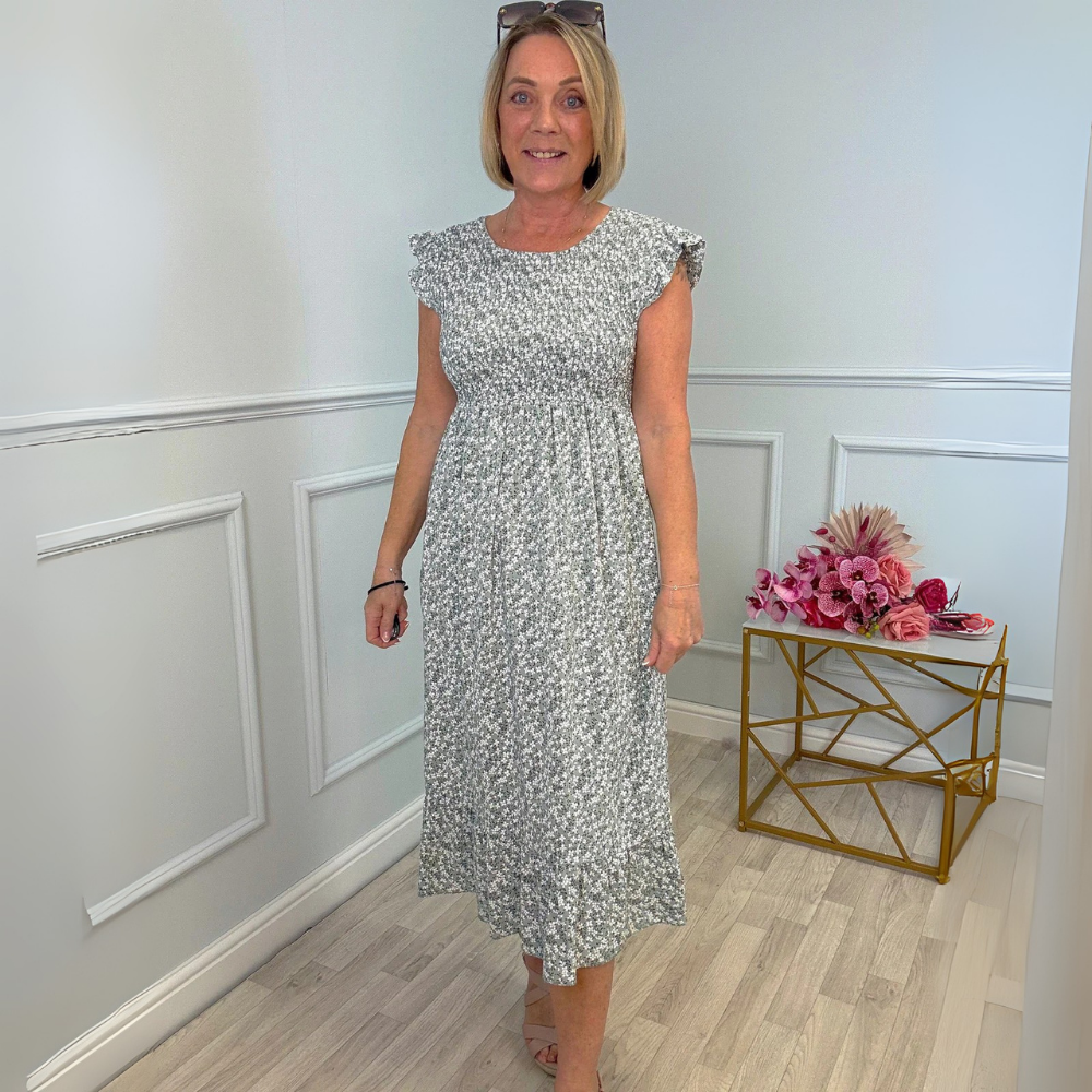 Nadia | Sukienka midi z kwiatowym nadrukiem, odcięciem empire i marszczonym dołem