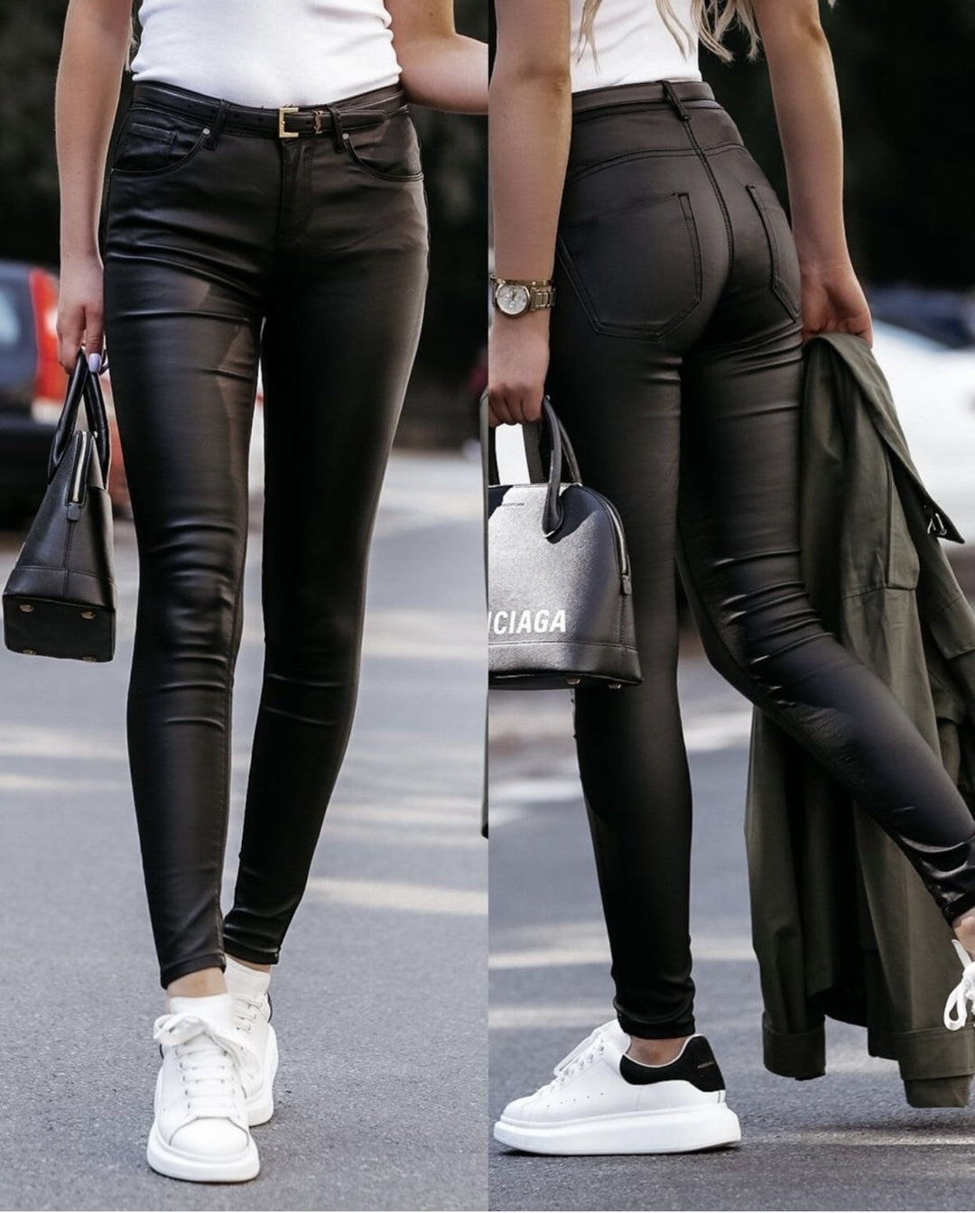 Monika | Dopasowane spodnie ze skóry ekologicznej z subtelnym połyskiem