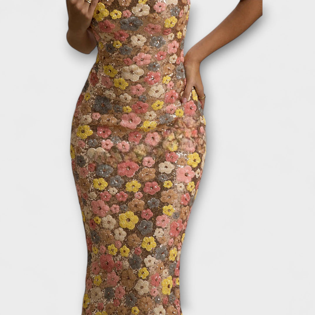 Wiktoria | Błyszcząca sukienka z cekinami w kwiatowy wzór inspirowana latami 80