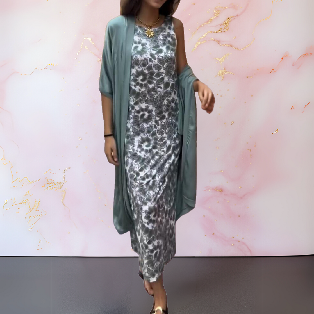 Bożena | Elegancka Długa Sukienka z Dopasowanym Kardiganem