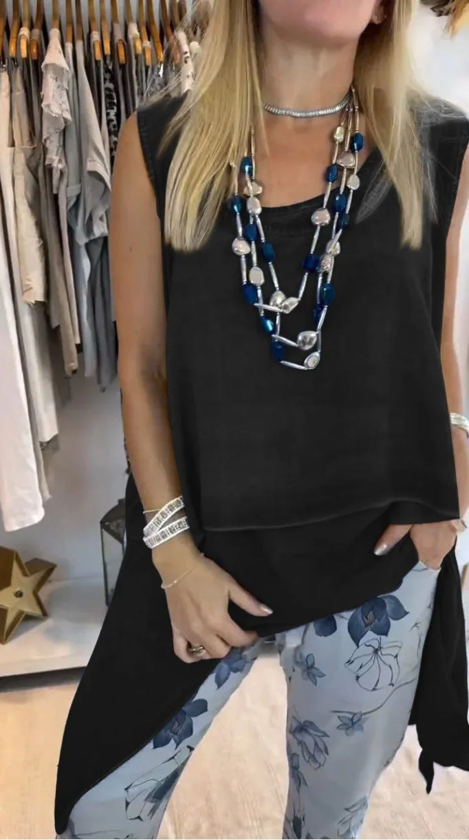 Gienia | Dwuczęściowy komplet damski: top bez rękawów i spodnie z nadrukiem.