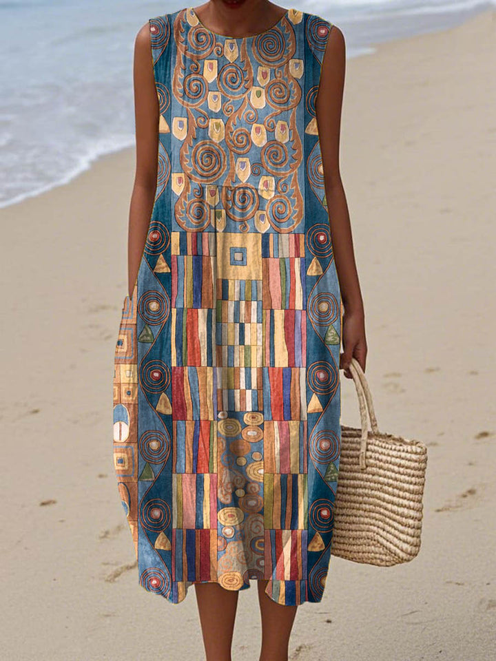 Mirka | Damska sukienka bez rękawów z abstrakcyjnym wzorem geometrycznym