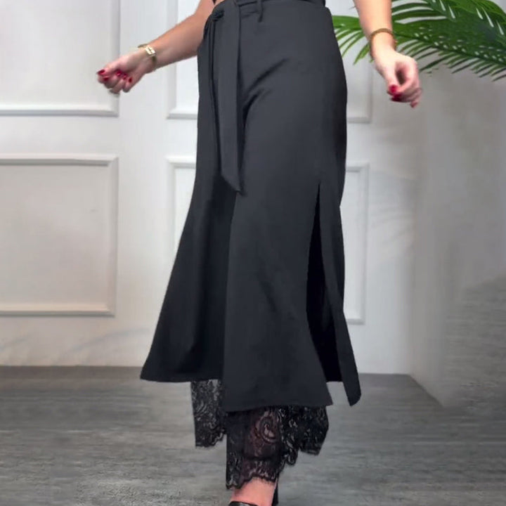 Wiesława | Spodnie z szerokimi nogawkami i prześwitującą koronkową wstawką