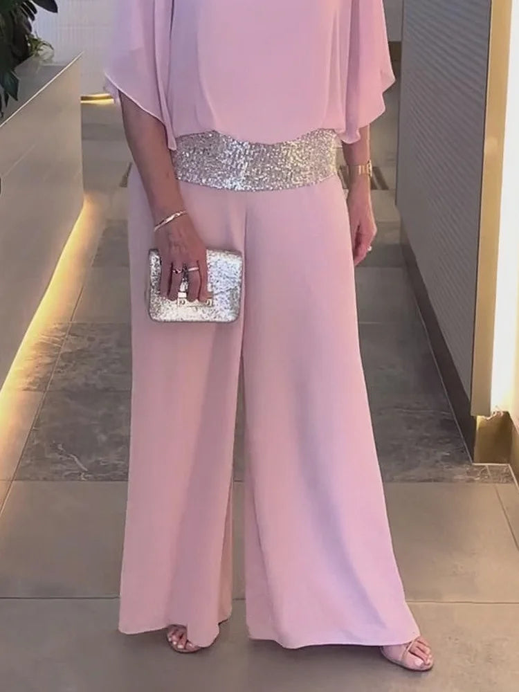 Marcelina | Elegancki dwuczęściowy zestaw z cekinami i kolorowym wzorem blokowym