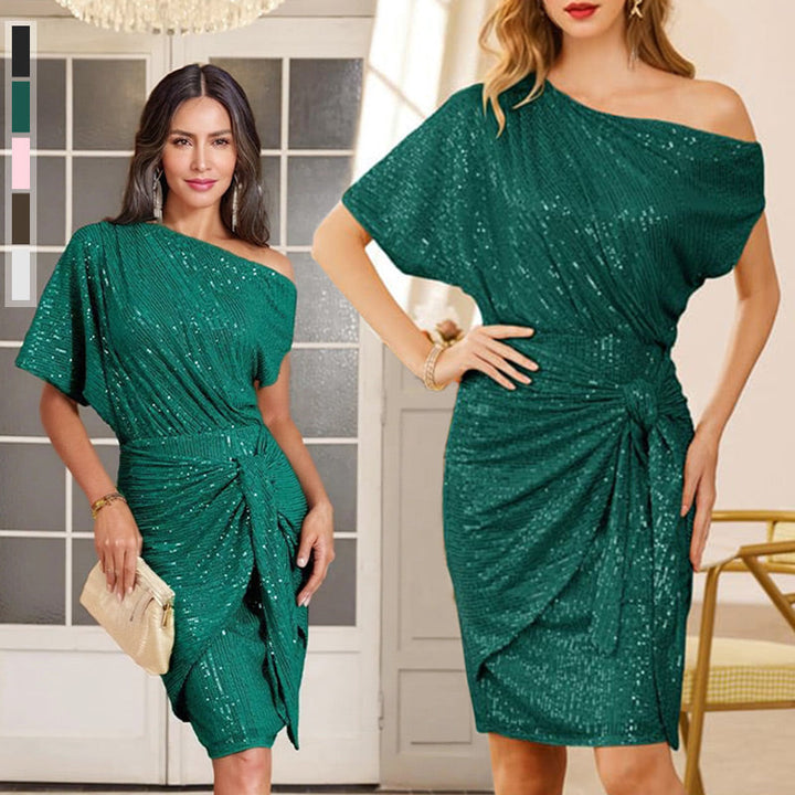 Klaudia | Sukienka na Jedno Ramię z Cekinami na Imprezę