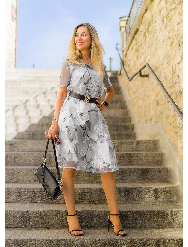 Eliza | Sukienka midi z okrągłym dekoltem i siateczkowym nadrukiem w kwiaty