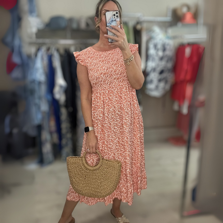 Nadia | Sukienka midi z kwiatowym nadrukiem, odcięciem empire i marszczonym dołem