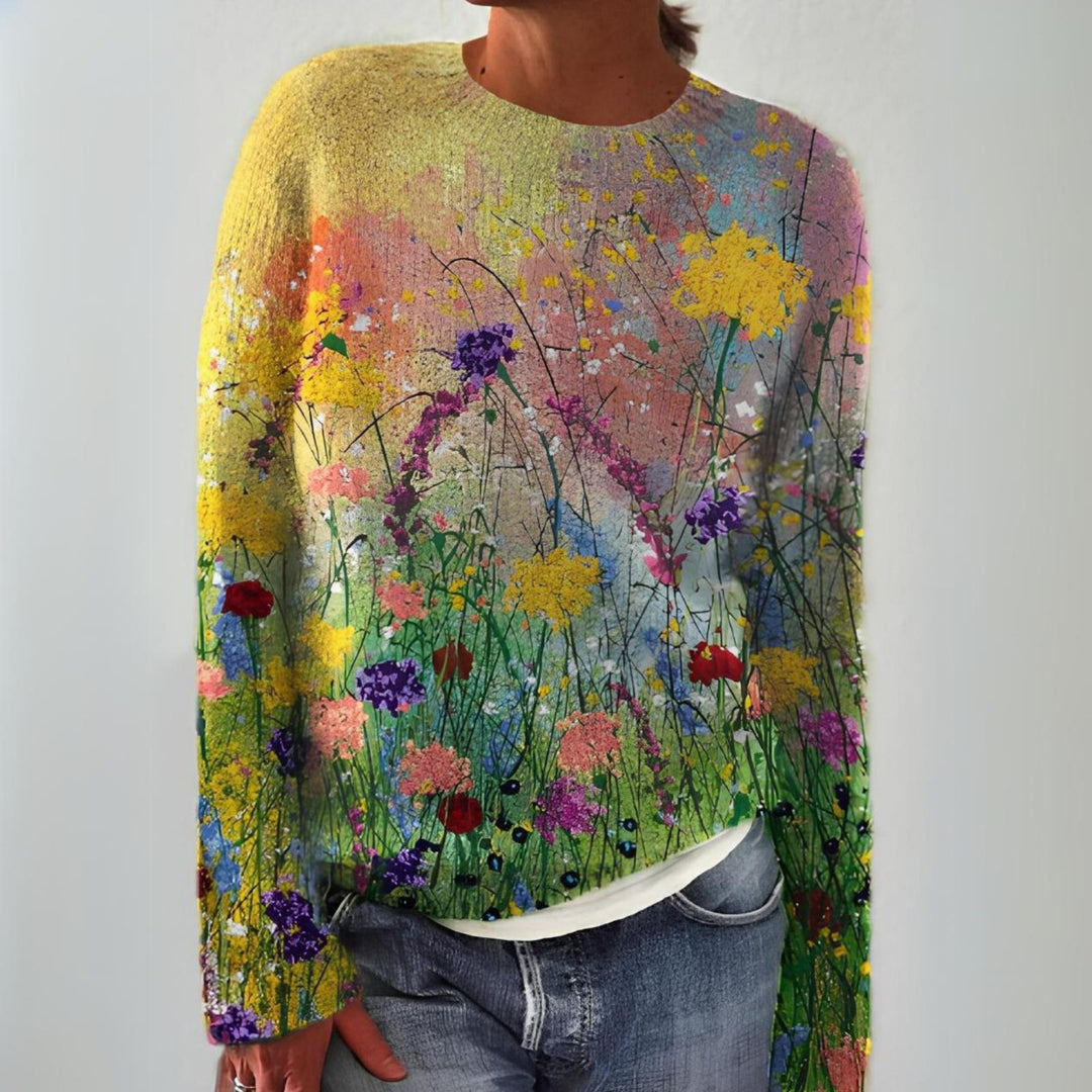 Sweter damski z malarskim nadrukiem – kolorowa elegancja inspirowana naturą