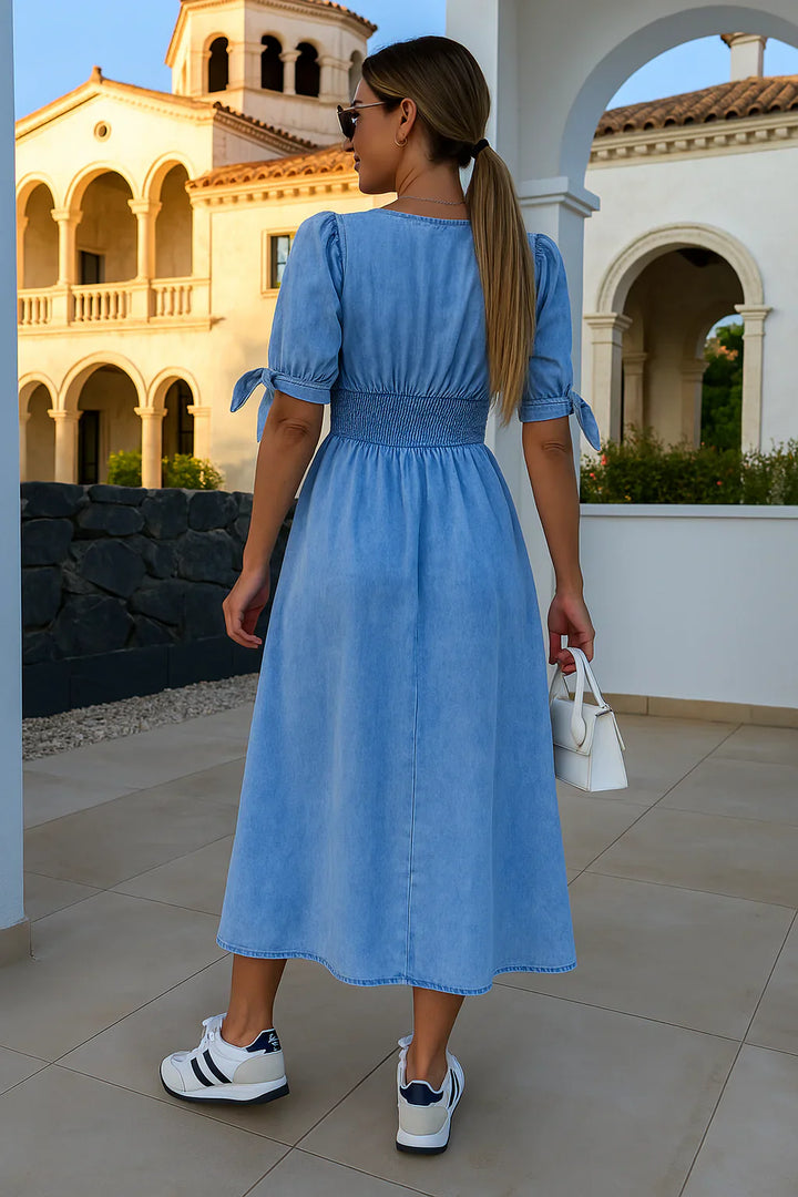 Amelie | Codzienna Sukienka Midi z Bufiastymi Rękawami