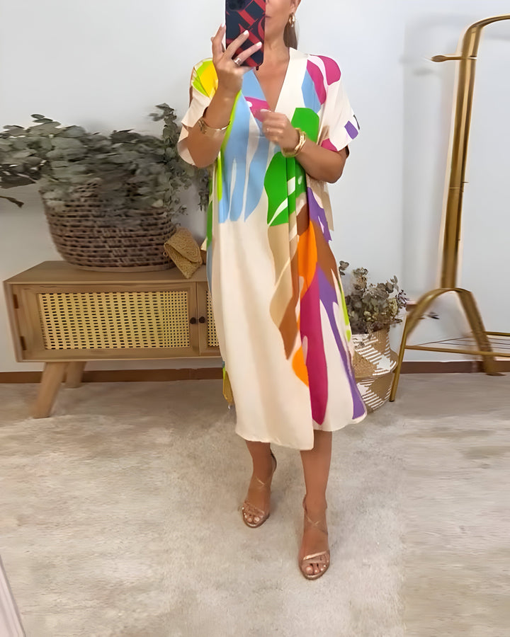 Weronika | Casualowa sukienka z kolorowym nadrukiem liści