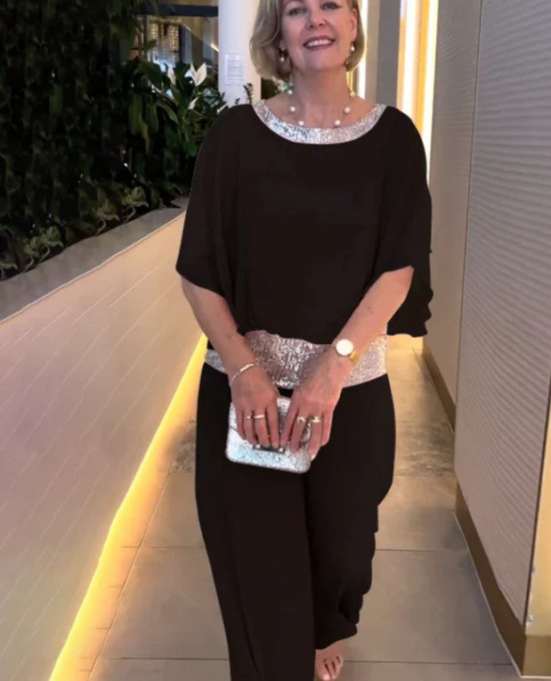 Marcelina | Elegancki dwuczęściowy zestaw z cekinami i kolorowym wzorem blokowym