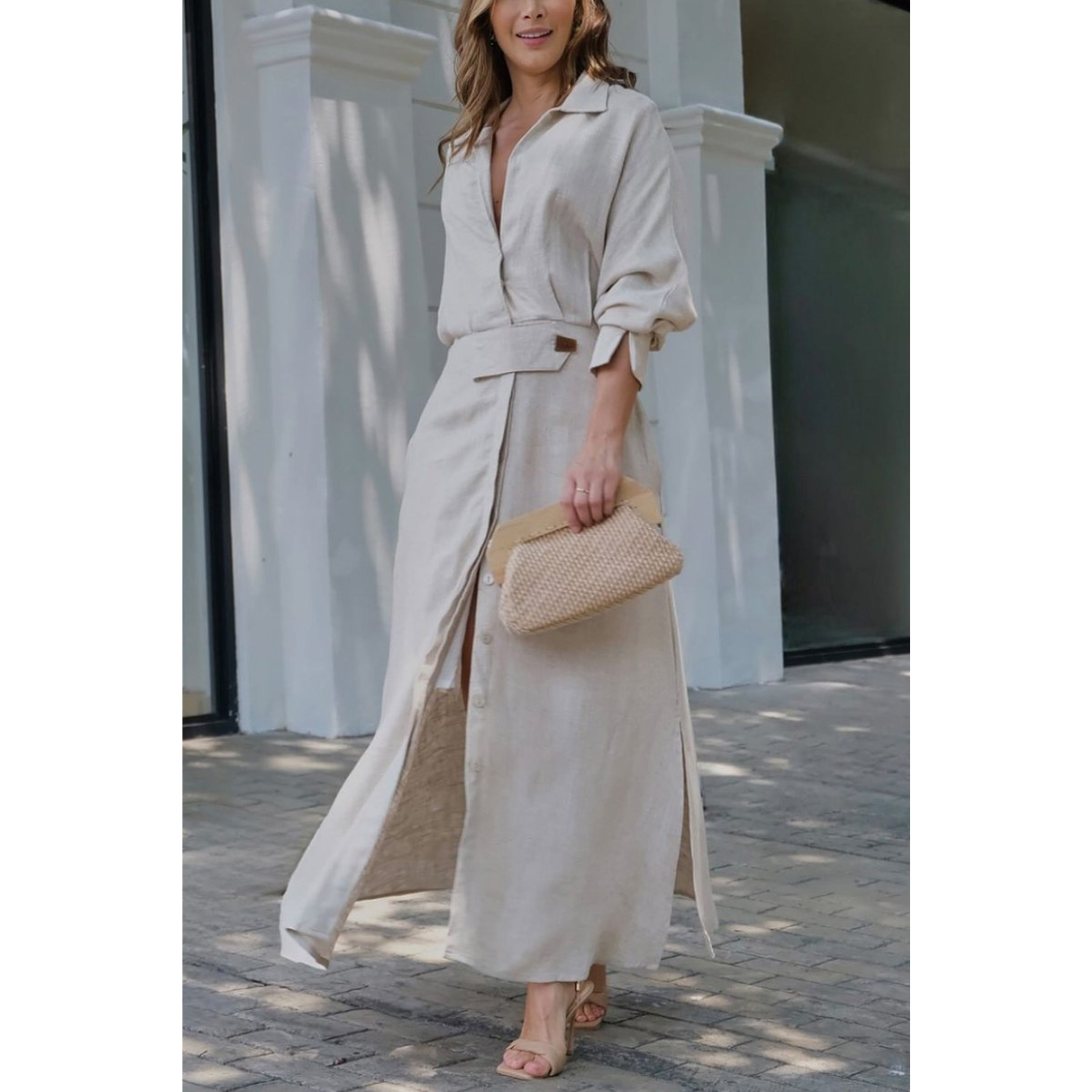 Barbara | Sukienka maxi z bawełny i lnu z guzikami i paskiem w talii