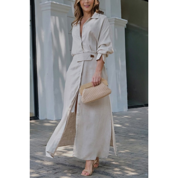 Barbara | Sukienka maxi z bawełny i lnu z guzikami i paskiem w talii