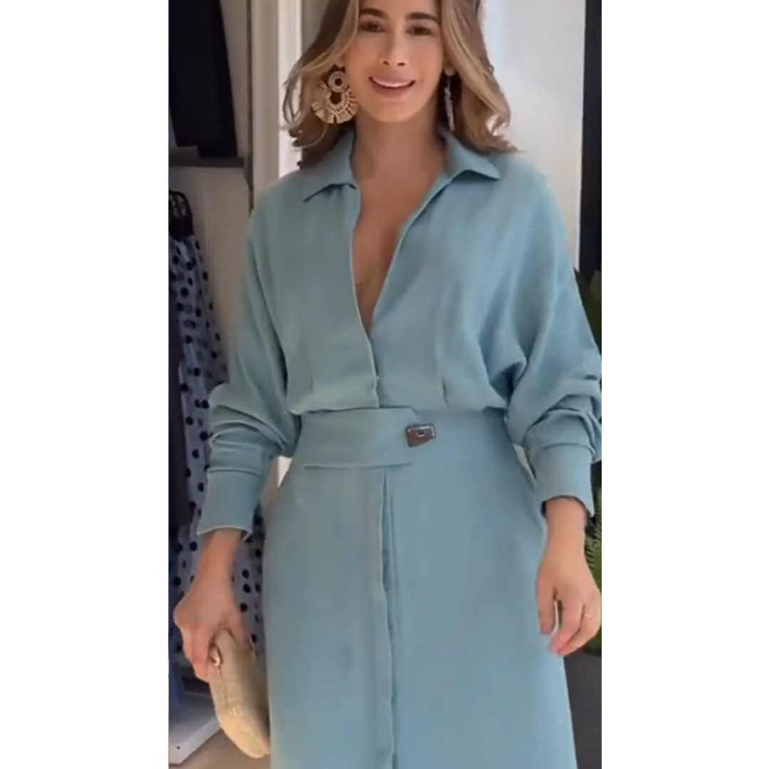 Barbara | Sukienka maxi z bawełny i lnu z guzikami i paskiem w talii