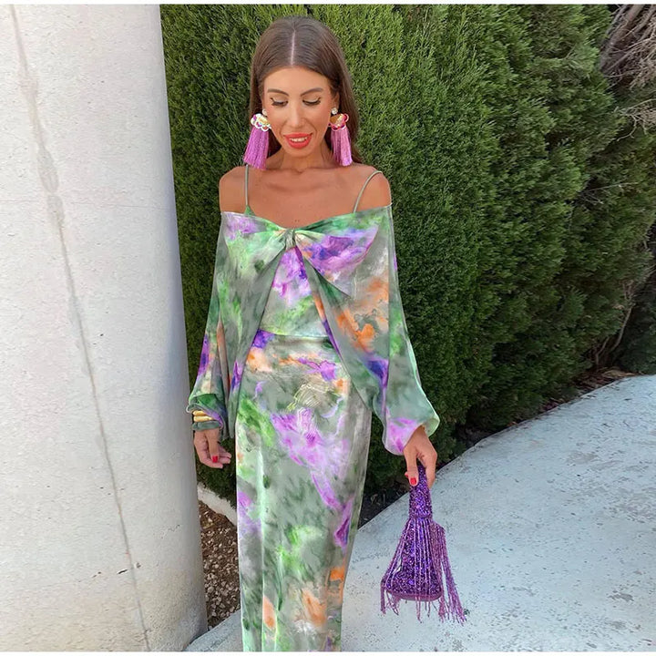 Justyna | Satynowa sukienka midi w akwarelowy wzór z odpinaną narzutką z drapowaniem