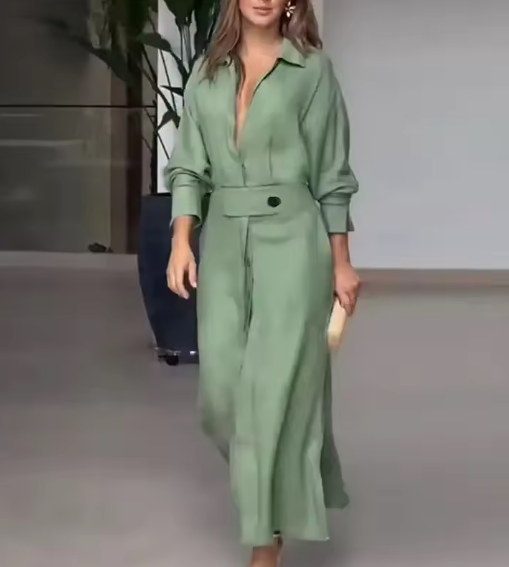 Barbara | Sukienka maxi z bawełny i lnu z guzikami i paskiem w talii