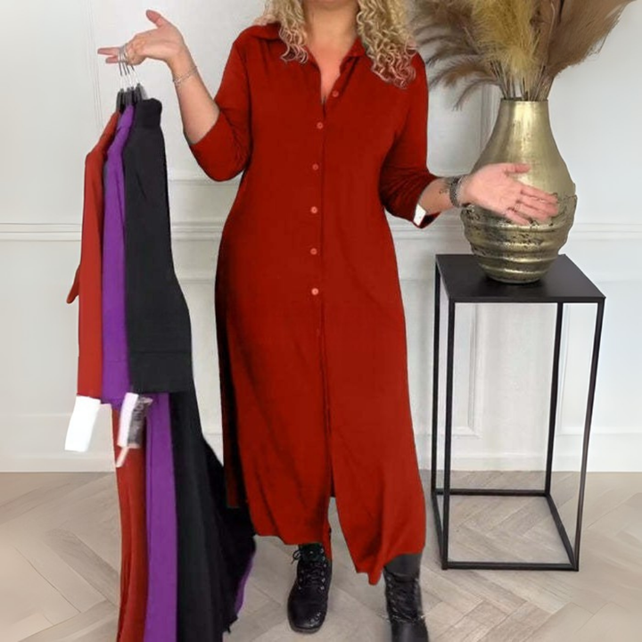 Grazyna | Koszulowa sukienka midi z klasycznym kołnierzykiem i zwiewną linią A