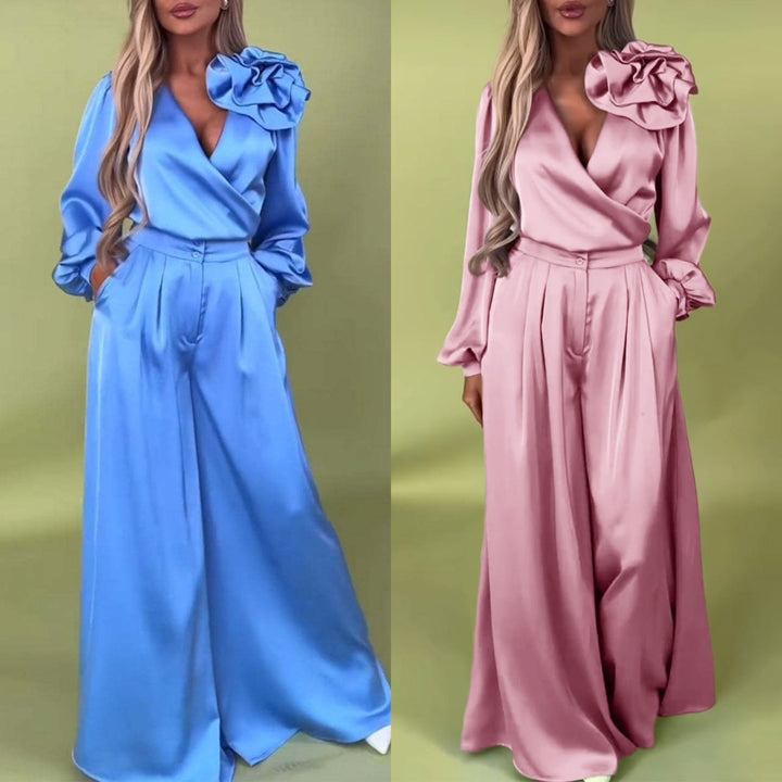 Witoria | Elegancki zestaw z satyny – koszula kopertowa z długimi rękawami i szerokie spodnie