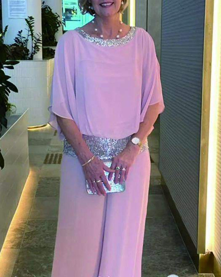 Marcelina | Elegancki dwuczęściowy zestaw z cekinami i kolorowym wzorem blokowym