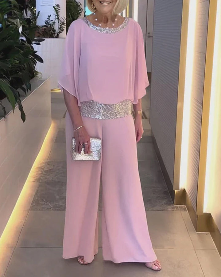 Marcelina | Elegancki dwuczęściowy zestaw z cekinami i kolorowym wzorem blokowym