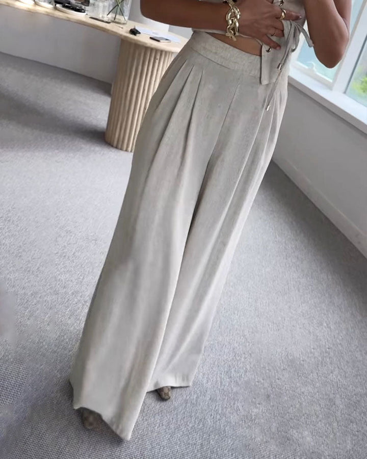 Natasza | Dopasowany top inspirowany gorsetem i plisowane spodnie – komplet