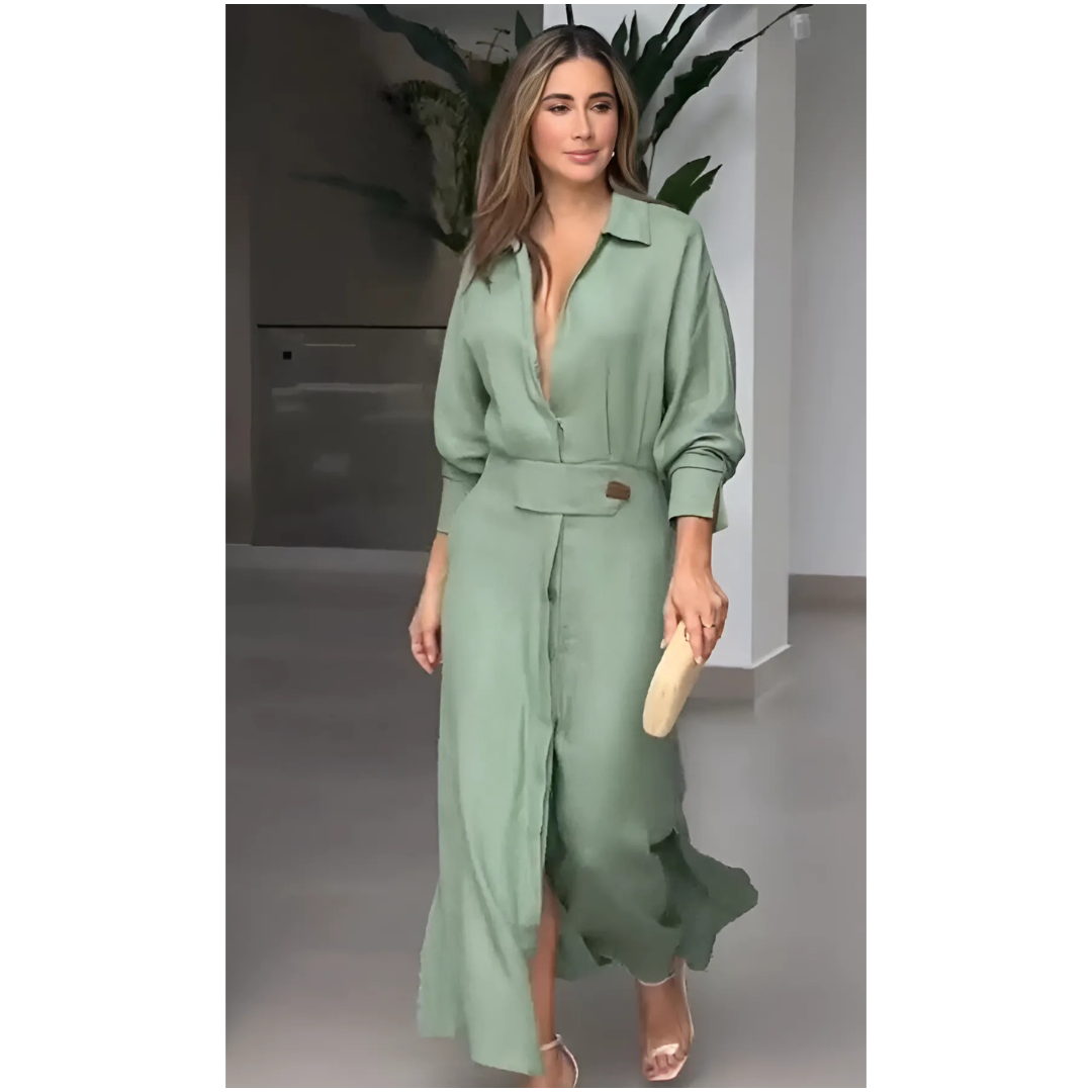 Barbara | Sukienka maxi z bawełny i lnu z guzikami i paskiem w talii