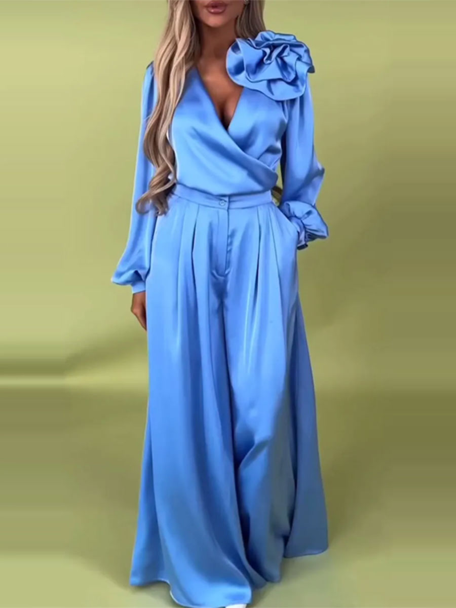 Witoria | Elegancki zestaw z satyny – koszula kopertowa z długimi rękawami i szerokie spodnie