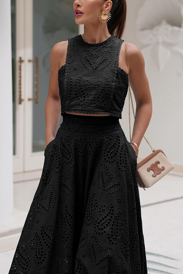 Zofia | Boho zestaw z haftem angielskim z krótkim topem i kieszeniami