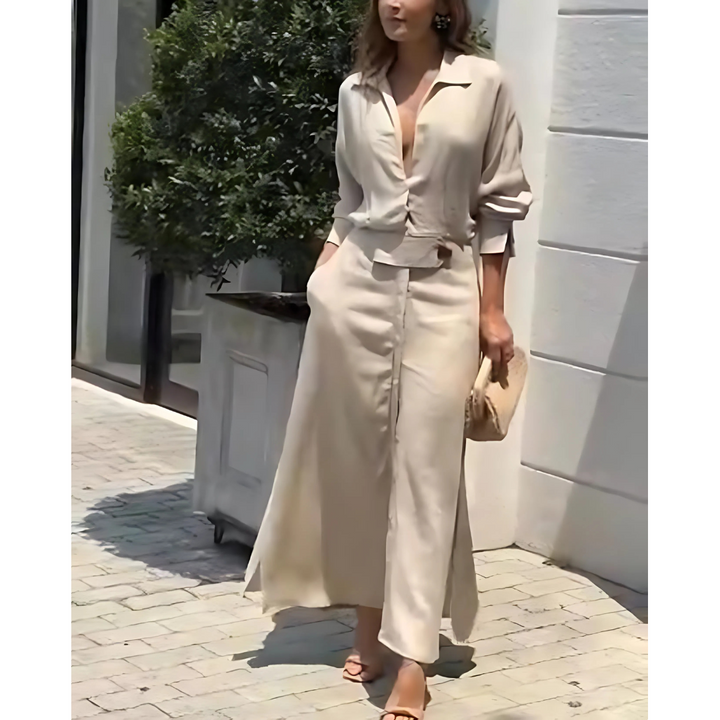 Barbara | Sukienka maxi z bawełny i lnu z guzikami i paskiem w talii