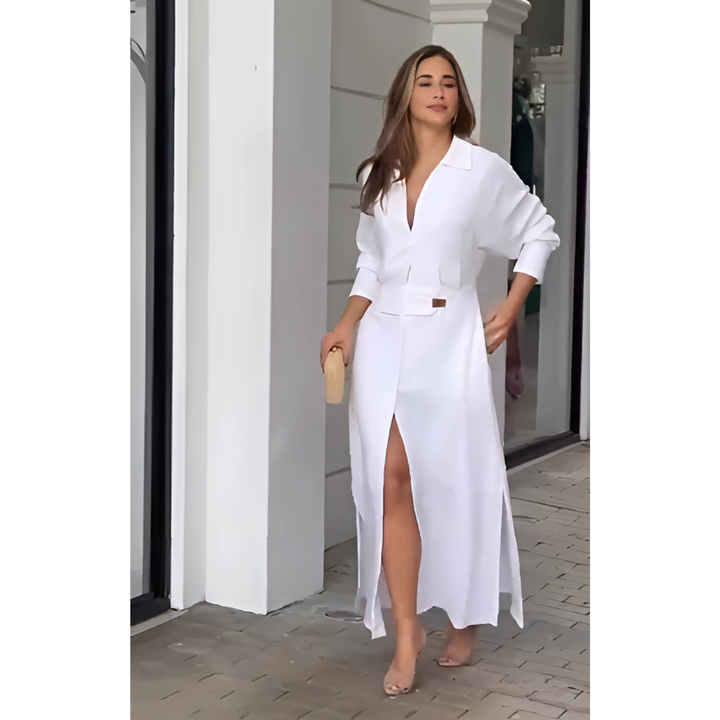 Barbara | Sukienka maxi z bawełny i lnu z guzikami i paskiem w talii