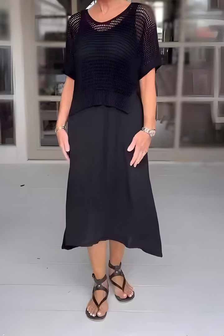 Salomea | Dwuczęściowy co-ord z półprzezroczystym topem i zwiewną spódnicą midi