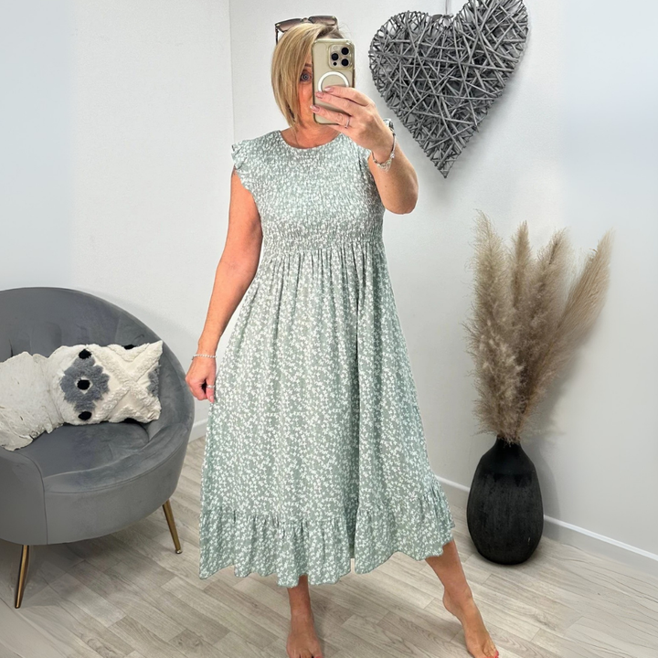 Nadia | Sukienka midi z kwiatowym nadrukiem, odcięciem empire i marszczonym dołem