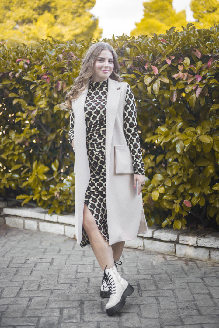 Patrycja | Sukienka Midi z Mock Neck o Dopasowanej Sylwetce i Bocznym Rozcięciem