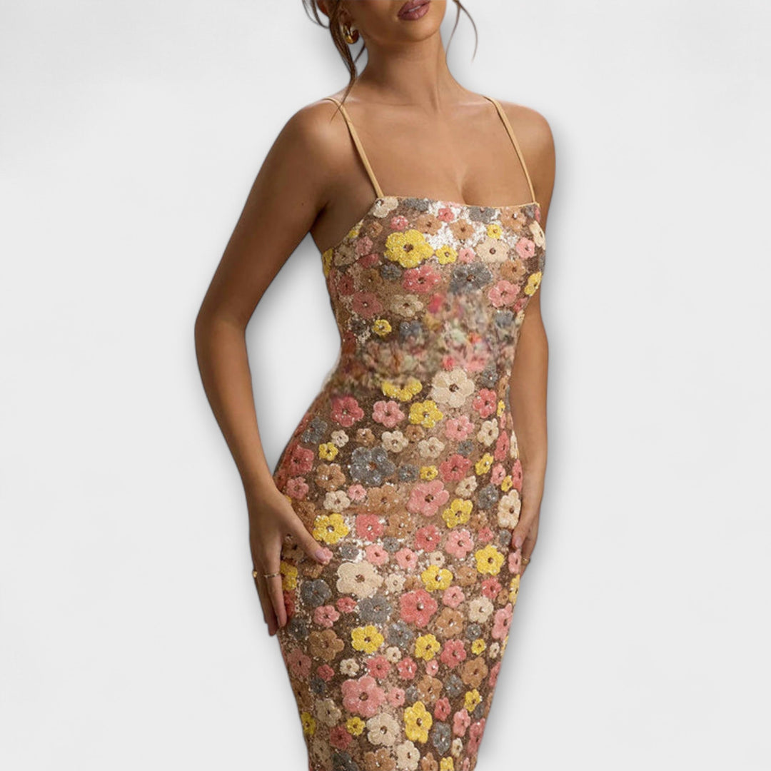 Wiktoria | Błyszcząca sukienka z cekinami w kwiatowy wzór inspirowana latami 80