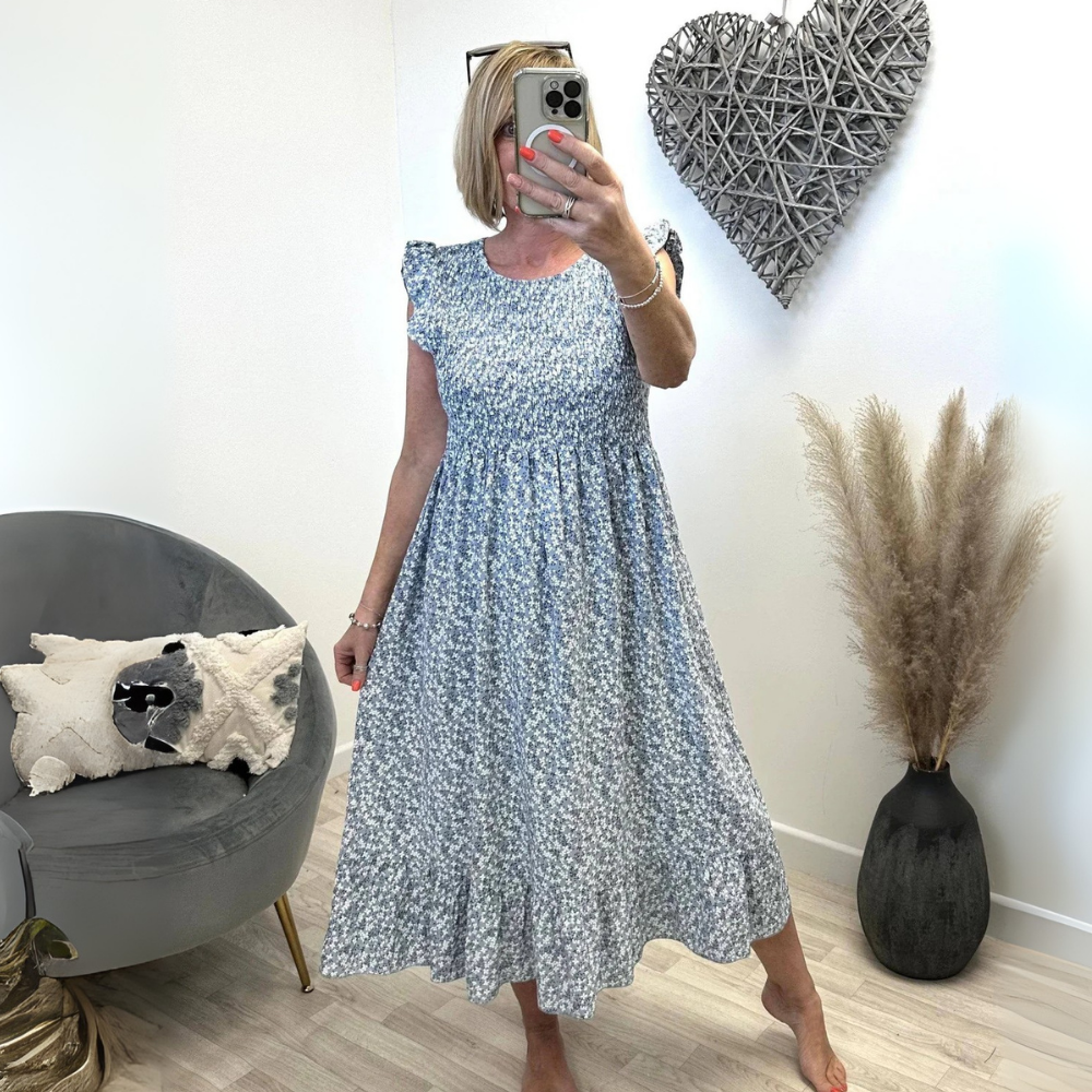 Nadia | Sukienka midi z kwiatowym nadrukiem, odcięciem empire i marszczonym dołem