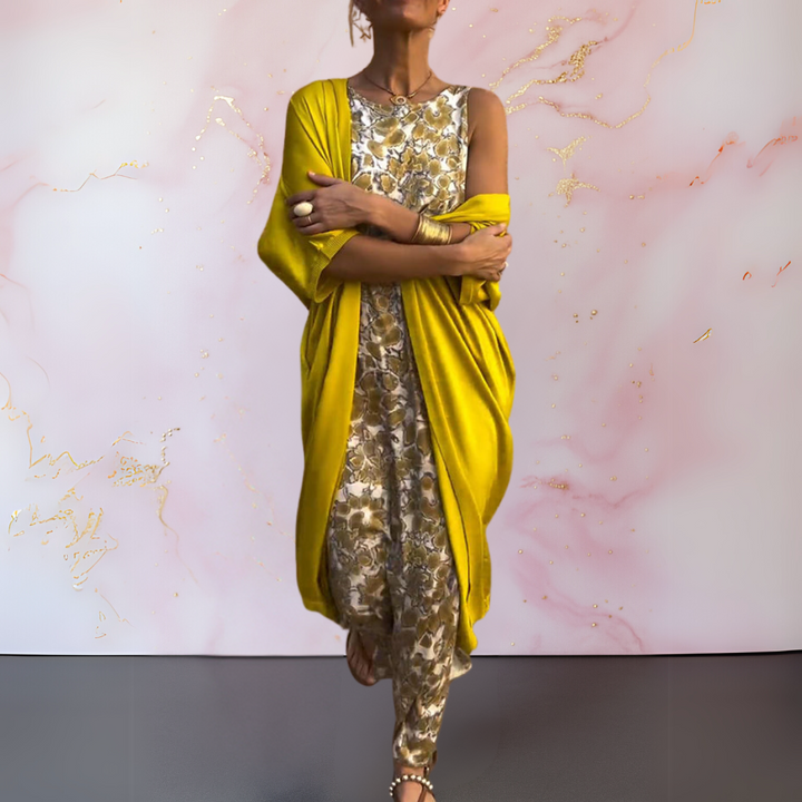 Bożena | Elegancka Długa Sukienka z Dopasowanym Kardiganem