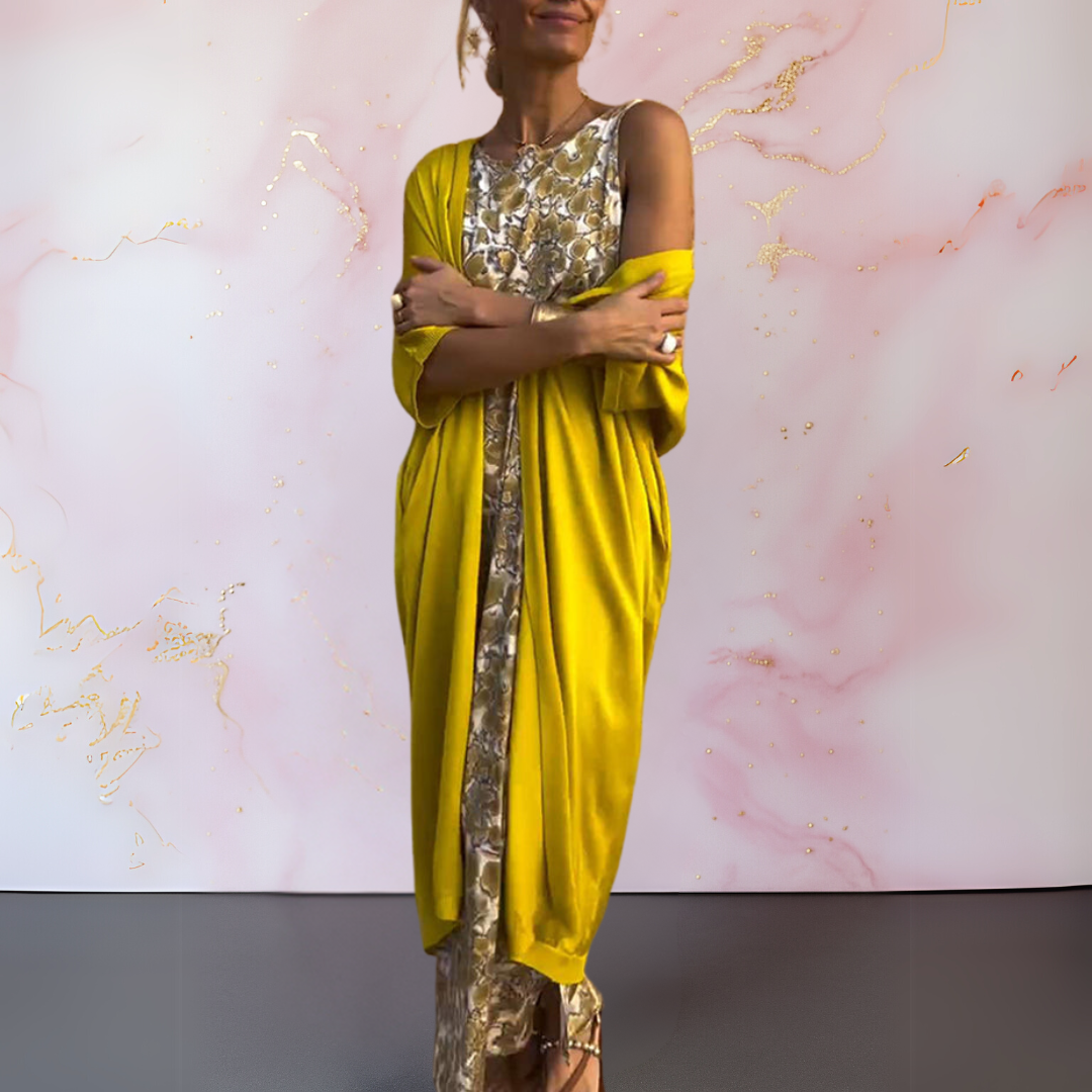 Bożena | Elegancka Długa Sukienka z Dopasowanym Kardiganem