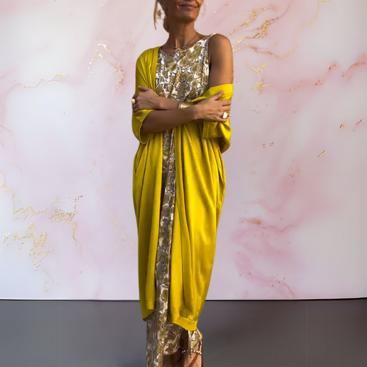 Bożena | Elegancka Długa Sukienka z Dopasowanym Kardiganem