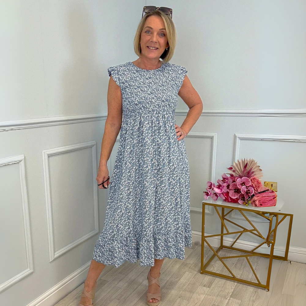 Nadia | Sukienka midi z kwiatowym nadrukiem, odcięciem empire i marszczonym dołem