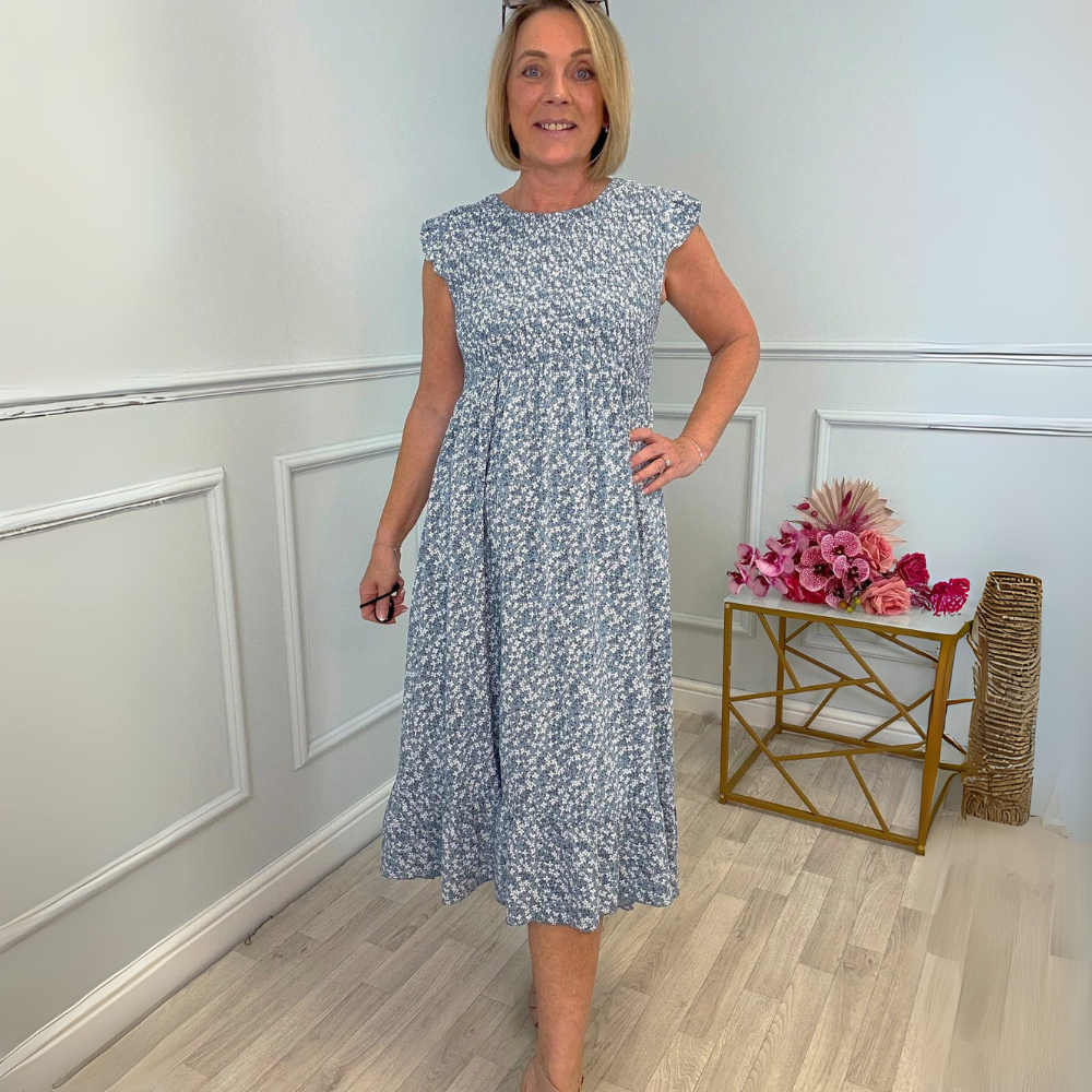 Nadia | Sukienka midi z kwiatowym nadrukiem, odcięciem empire i marszczonym dołem