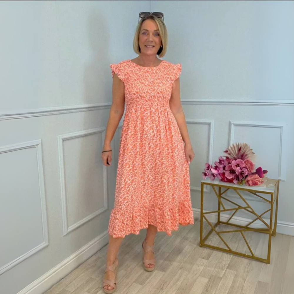 Nadia | Sukienka midi z kwiatowym nadrukiem, odcięciem empire i marszczonym dołem