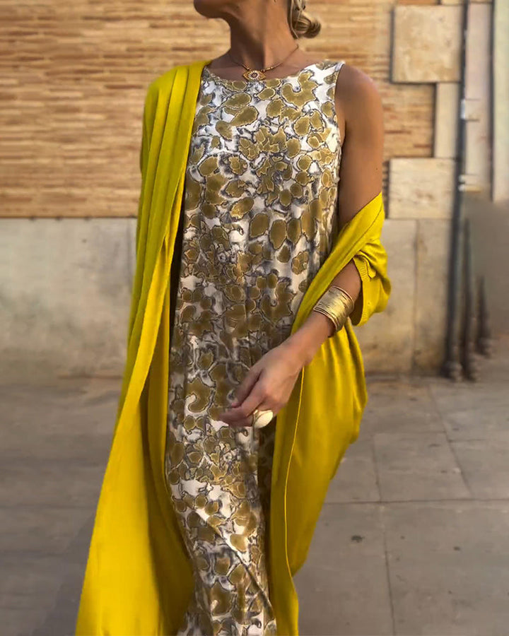 Bożena | Elegancka Długa Sukienka z Dopasowanym Kardiganem