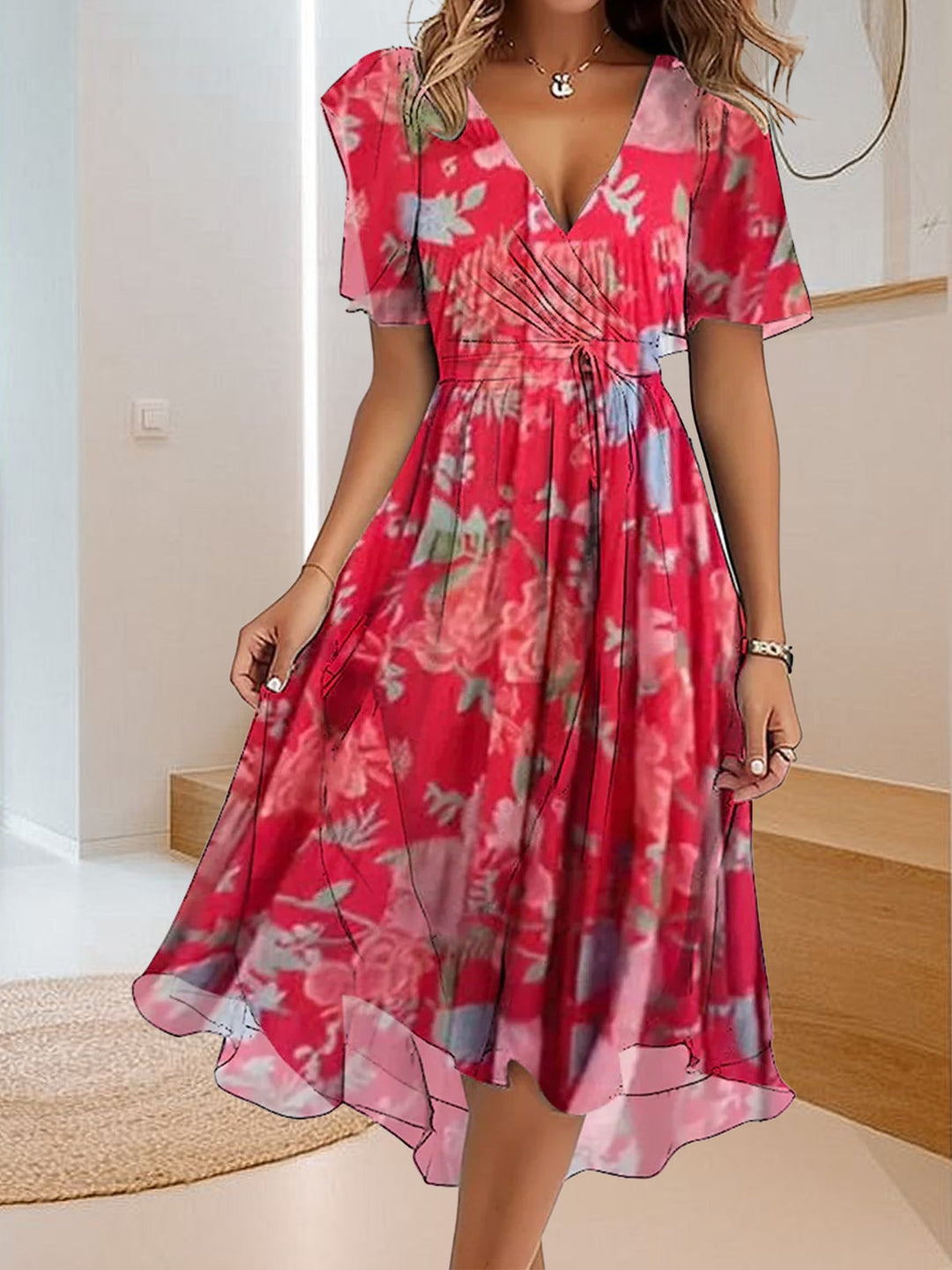 Alicja | Casualowa sukienka z prostym nadrukiem i dekoltem w szpic