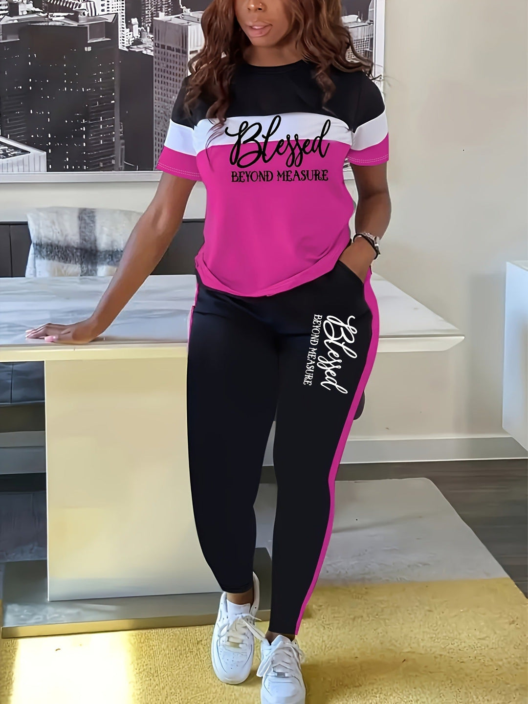 Nikola | Komplet lounge z napisem i geometrycznym podziałem kolorów