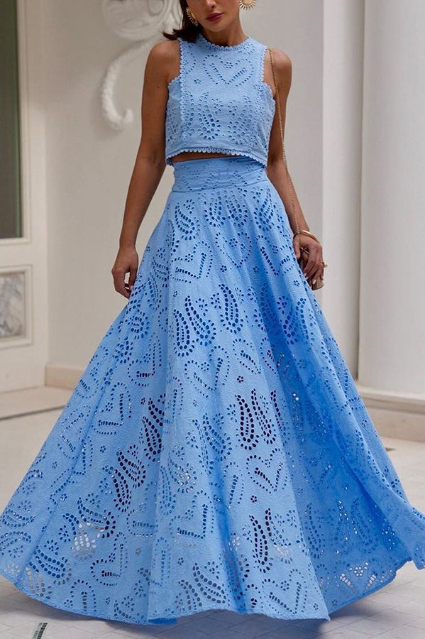 Zofia | Boho zestaw z haftem angielskim z krótkim topem i kieszeniami